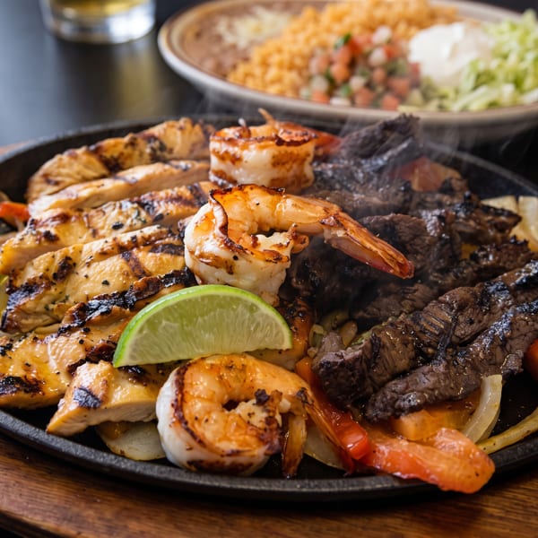 Sizzling platter of grilled chicken, shrimp, steak, vegetables, and lime, served with rice, beans, and lettuce.